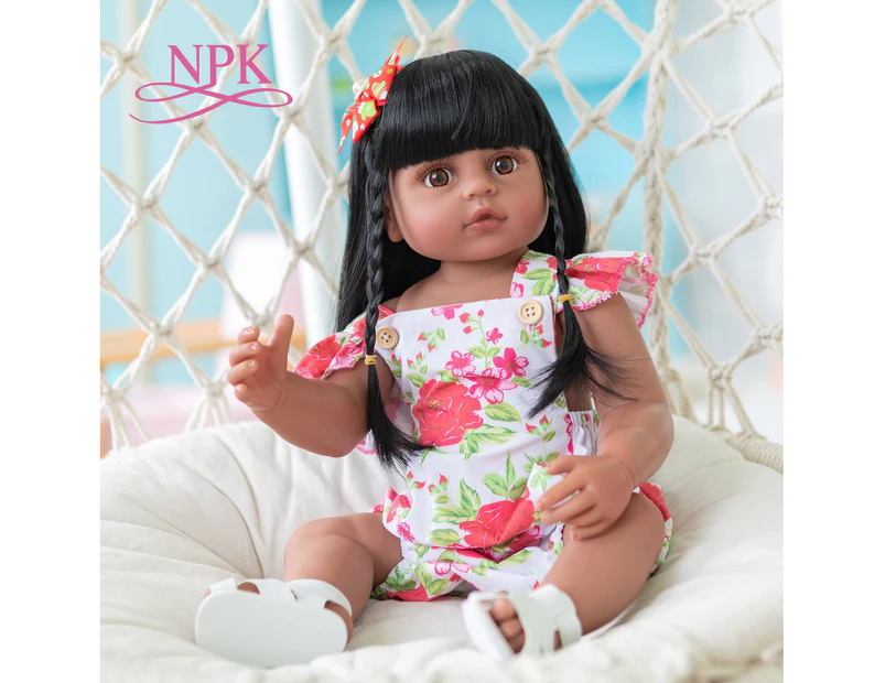 NPK 55cm bebe doll reborn toddler girl bath toy very soft full body silicone Very Dark Brown Skin girl doll black hair