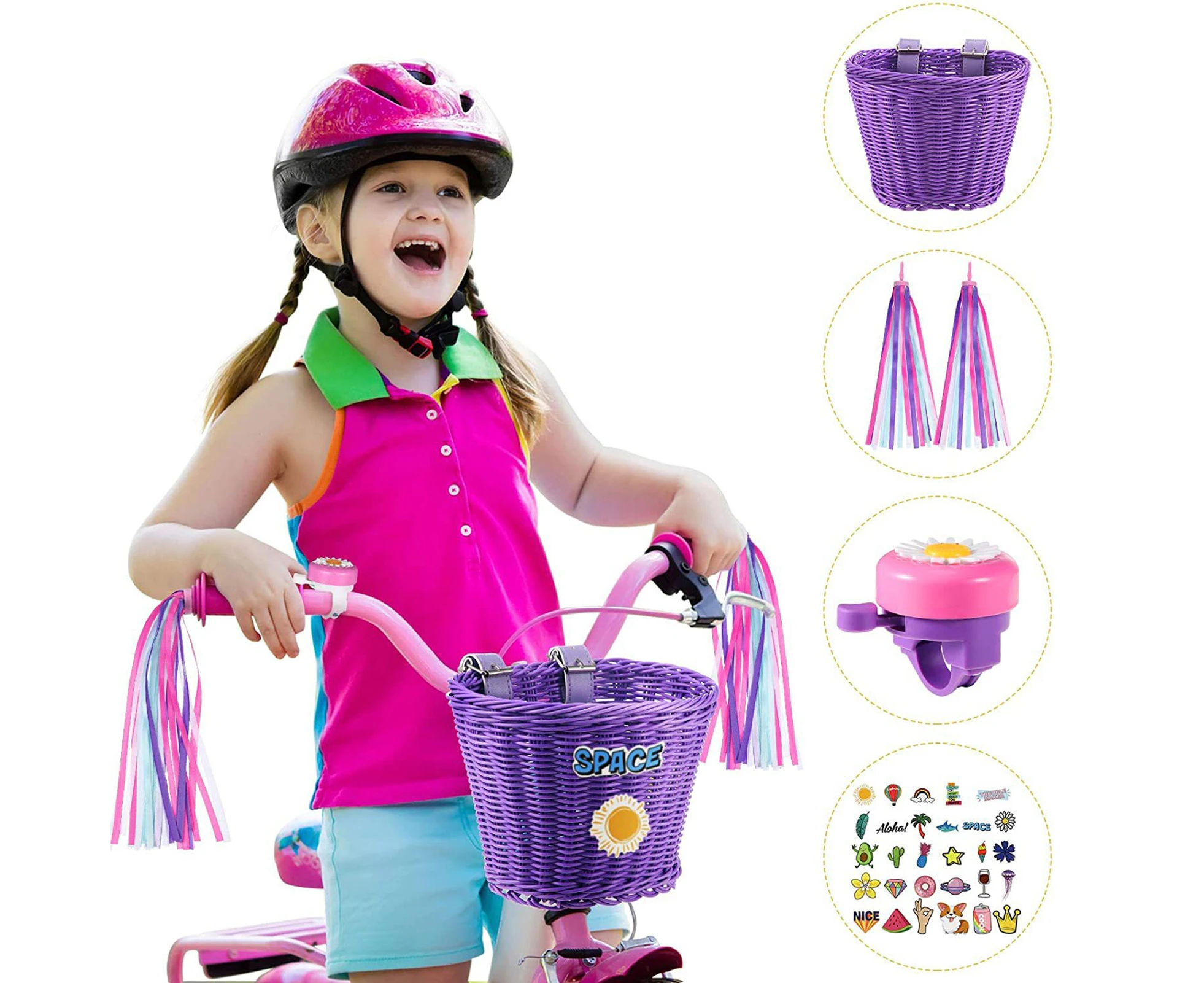 1 Set Bicycle Basket Multifunctional Detachable Cute Sturdy Stable Beautiful Work with 14/16 Inch Bike Hanging Basket for Bicycle-Purple