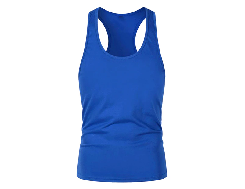 Breathable Cotton Fitness Vest Round Neck Bodybuilding Summer Sports Vest for Gymnastic-Blue