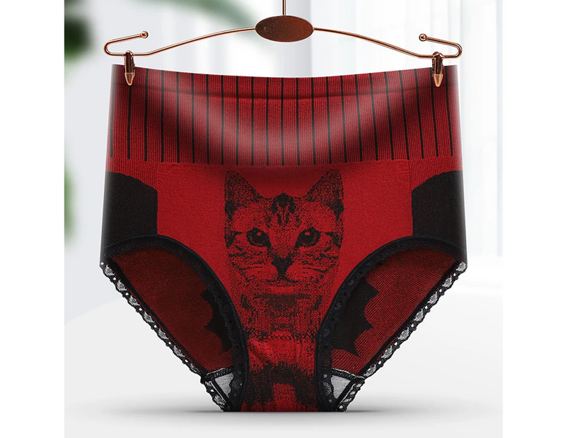 Cat Print Panties Lace Graphene Body Shaping Butt Lift Panties Women Accessory for Daily Wear-Red