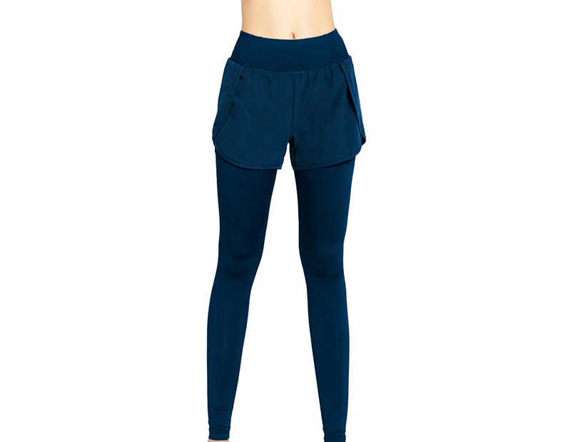 Fitness Yoga Pants Seamless High Waist Dry Quickly Fake Two Pieces High Waist Fitness Yoga Pants for Girl-Blue
