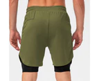 Loose Sport Shorts Stretchy Double Layers Quick Drying Running Shorts for Men-Army Green