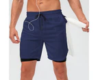 Loose Sport Shorts Stretchy Double Layers Quick Drying Running Shorts for Men-Navy Blue