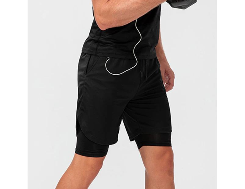 Loose Sport Shorts Stretchy Double Layers Quick Drying Running Shorts for Men-Black