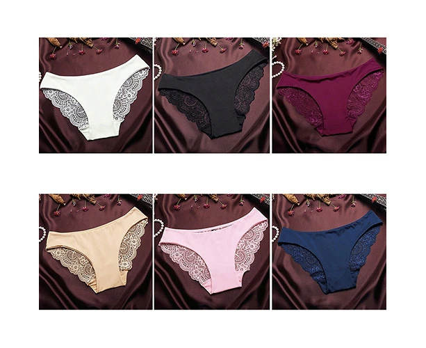 Sexy Women Lace Flower See Through Traceless Panties Briefs Underwear Sleepwear-Wine Red