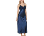 Summer Silk Pajamas Nightgown Women Pleated V Neck Sleeveless Maxi Nightdress-Navy Blue