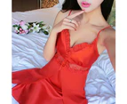 Women Sexy Perspective Floral Lace Solid Color Nightgown Deep V Strap Sleepwear-Watermelon Red
