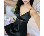Women Sexy Perspective Floral Lace Solid Color Nightgown Deep V Strap Sleepwear-Red