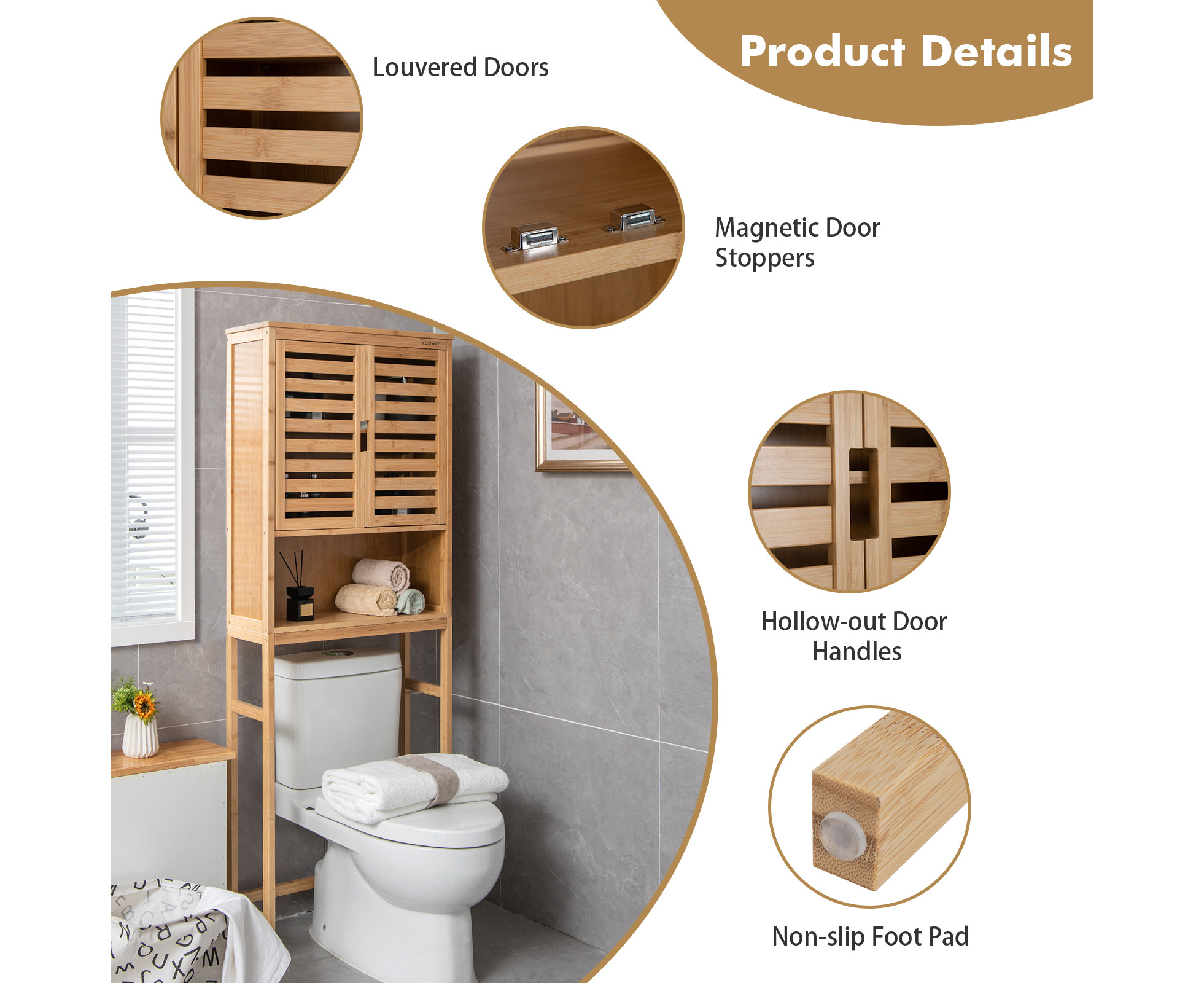 Costway Over The Toilet Storage Cabinet Tall Bathroom Bamboo Shelf Organizer  Space Saver : Target