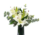 Nnedsz Premium Faux White Lily In Glass Vase (tiger Lily Bouquet With Eucalyptus)