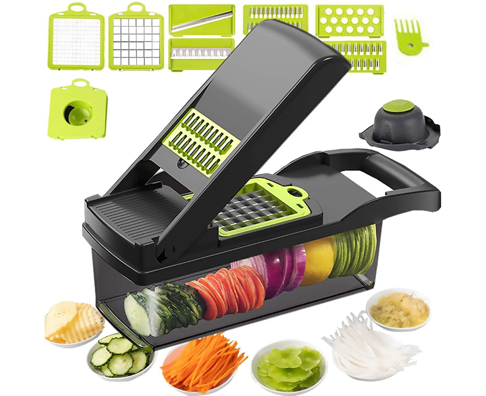 12 in 1 Vegetable Chopper, Heavy Duty Mandoline Slicer Potato Onion Chopper Food Chopper Veggie Chopper with Vegetable Peeler, Hand Guard and Container (Bl