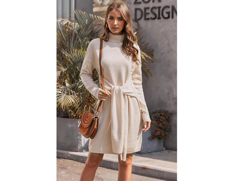 Azura Exchange Apricot Long Sleeve Tie Waist Turtleneck Pullover Sweater Dress