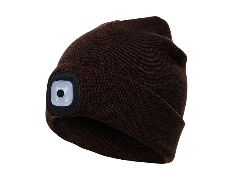 Unisex Outdoor Cycling Hiking LED Light Knitted Hat Winter Elastic Beanie Cap Coffee