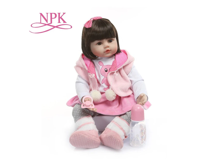 NPK Pink Rabbit  60CM reborn  toddler  girl  realistic soft silione vinyl bebe doll reborn  brown short hair Birthday Gift