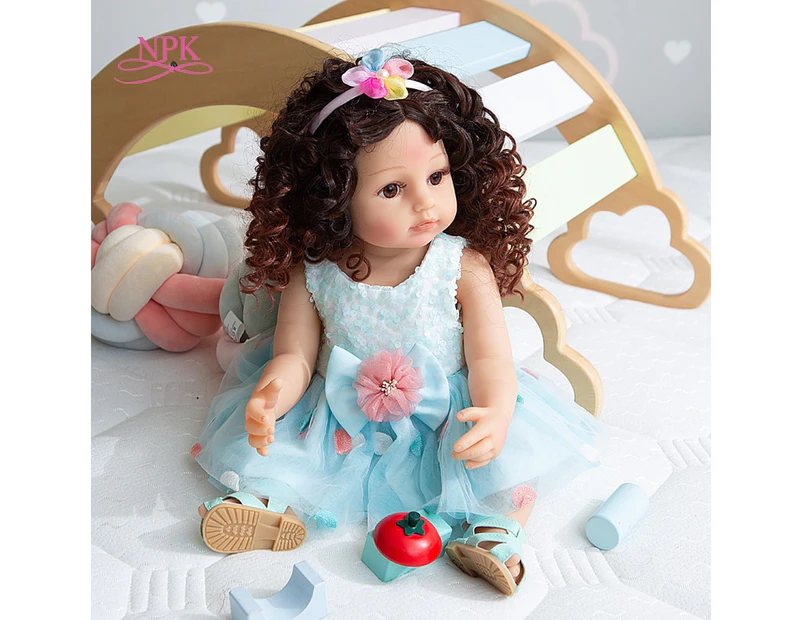 NPK Original Full Body Soft Silicone Flexible Real Touch Baby Princess Wear Blue Dress Curly Hair Fashion Girl Doll Xmas Gift