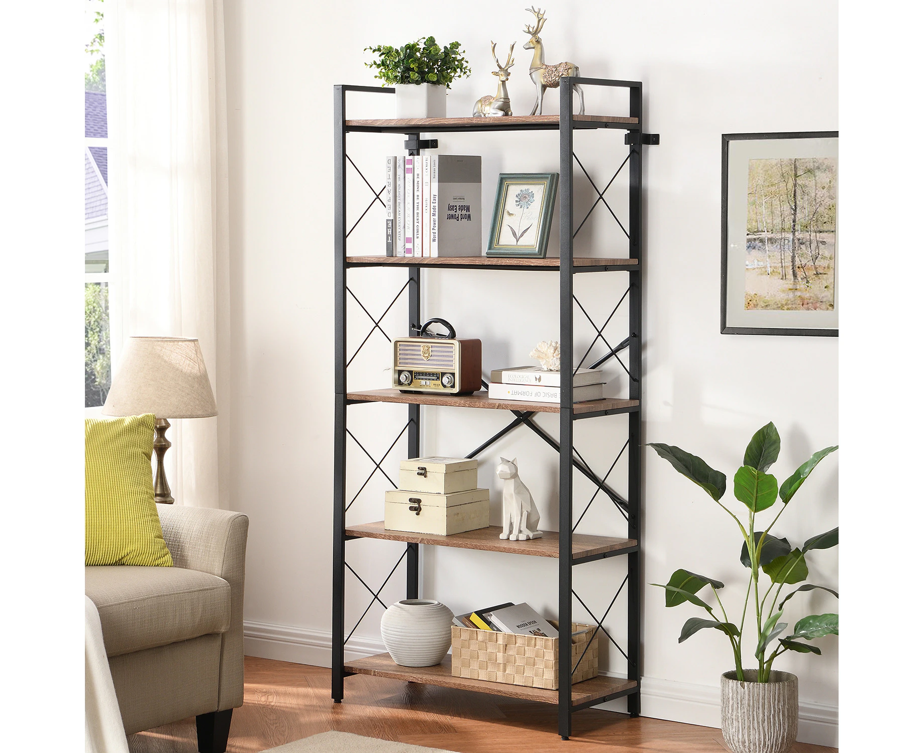 HOMFURN 5-Tier Industrial Bookshelf and Bookcase, Rustic Wood and Metal Shelving Unit, Display Rack and Storage Organizer for Living Room, Brown