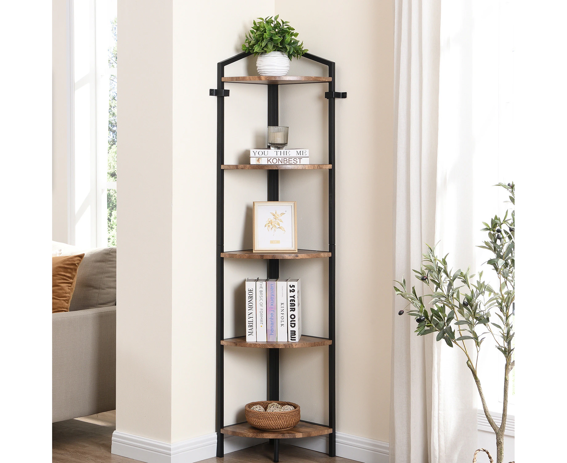 HOMFURN Corner Shelf, 5- Tier Industrial Corner Bookshelf Corner Ladder Shelf Small Bookcase Rustic Plant Stand Rack Freestanding -Rustic Brown