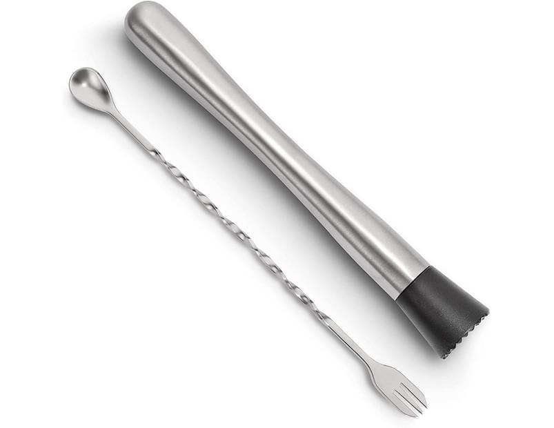2 Pieces Home Bar Tool Bartender Set for Cocktails Mojitos Ice Fruit Drinks 10 Inch Stainless Steel Cocktail Muddler and Mixing Spoon 