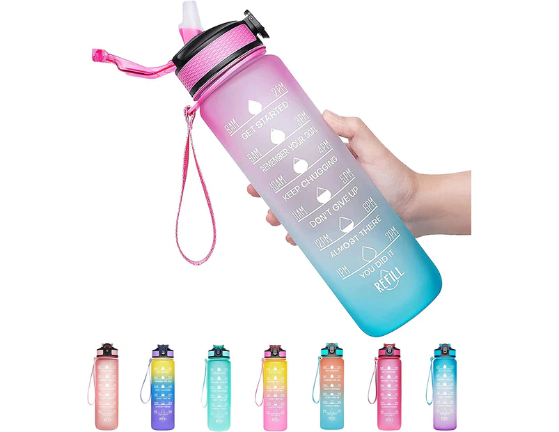 32oz Motivational Fitness Sports Water Bottle with Time Marker & Removable Strainer,Fast Flow,Flip Top Leakproof Durable - Ombre-Fuschia Green
