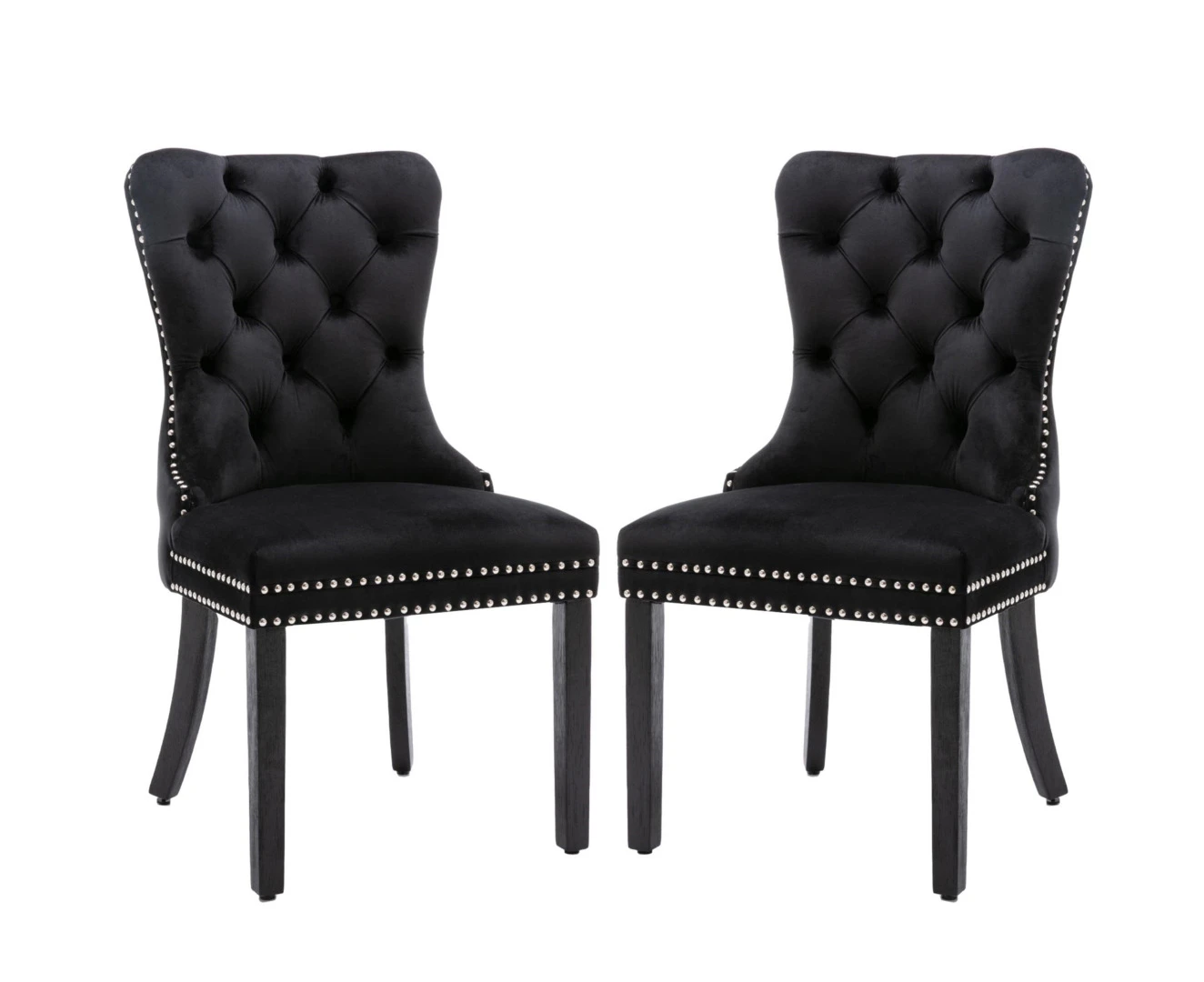 Dining Chairs 2X Velvet Upholstered Tufted Kithcen With Solid Wood Legs Stud Trim And Ring Black