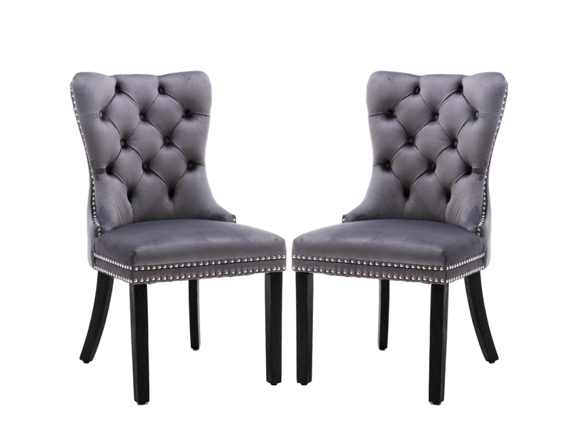 2X Velvet Dining Chairs Upholstered Tufted Kithcen With Solid Wood Legs Stud Trim And Ring-Gray