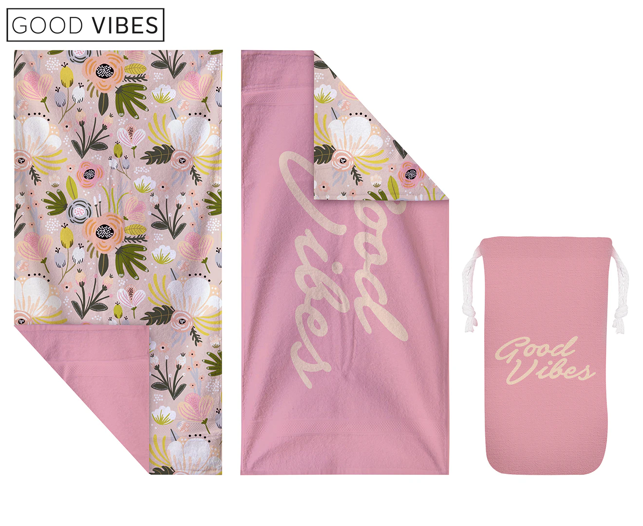 Good Vibes 160x180cm Quick Dry Waffle Beach/Pool Towel w/ Carry Bag Peony Bloom