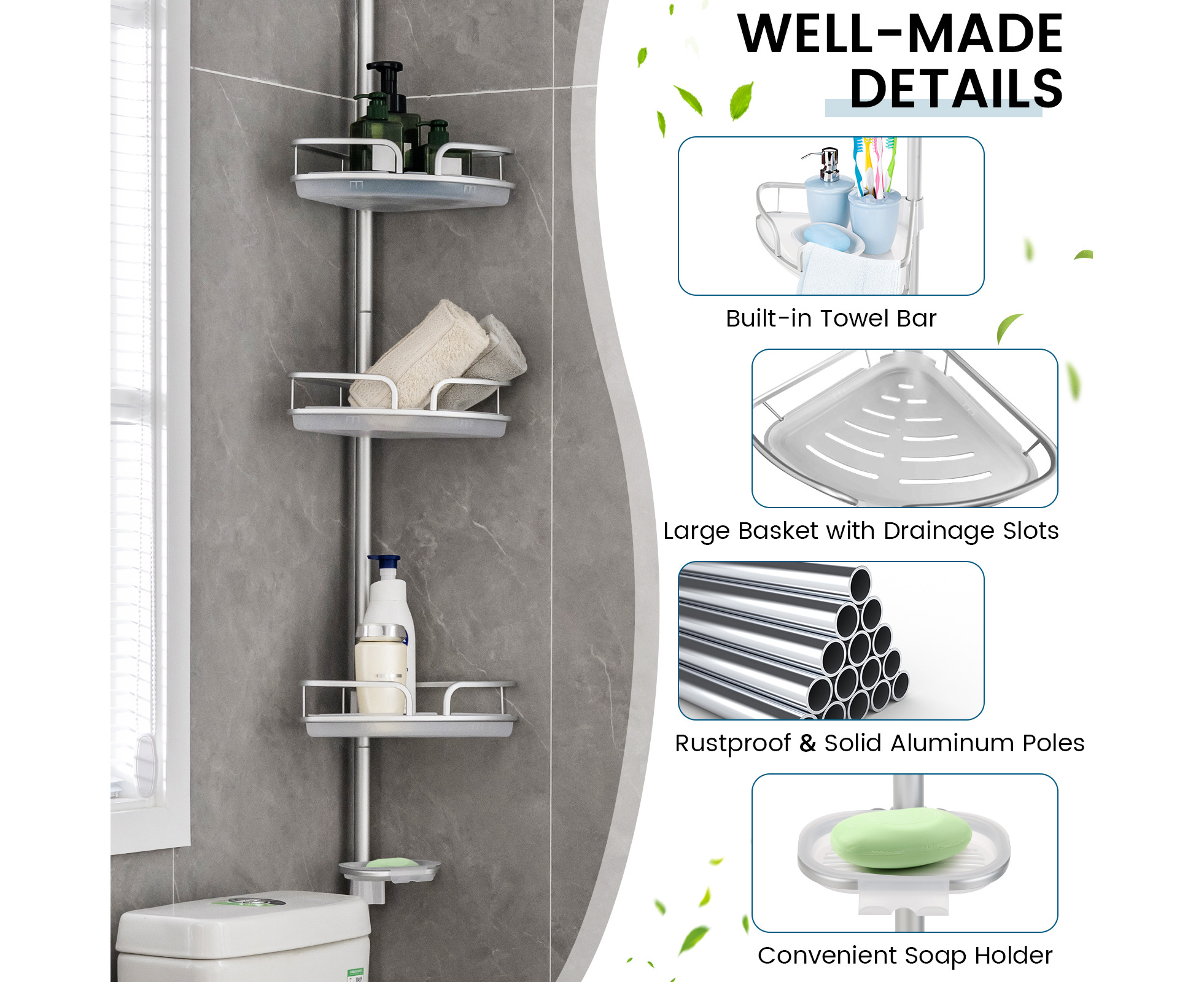 Corner Shelf Shower Caddy Shower Tension Pole Caddy Rustproof for Bathroom  7.5cm