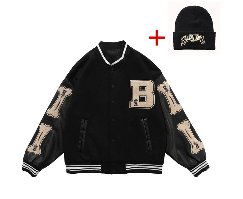 Women Leather Baseball Jacket Harajuku Bone Letter Varsity Bomber Jackets Hip Hop Streetwear Men College Breasted Coats Unisex Black and Cap