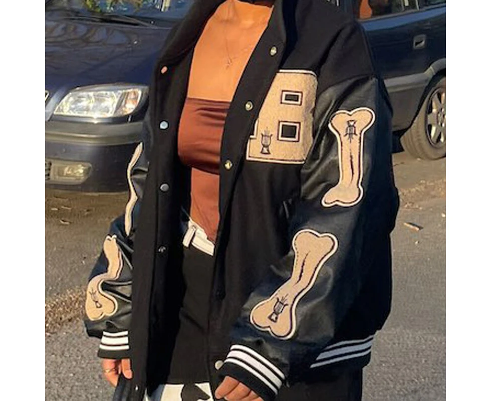 Women Leather Baseball Jacket Harajuku Bone Letter Varsity Bomber Jackets Hip Hop Streetwear Men College Breasted Coats Unisex Black