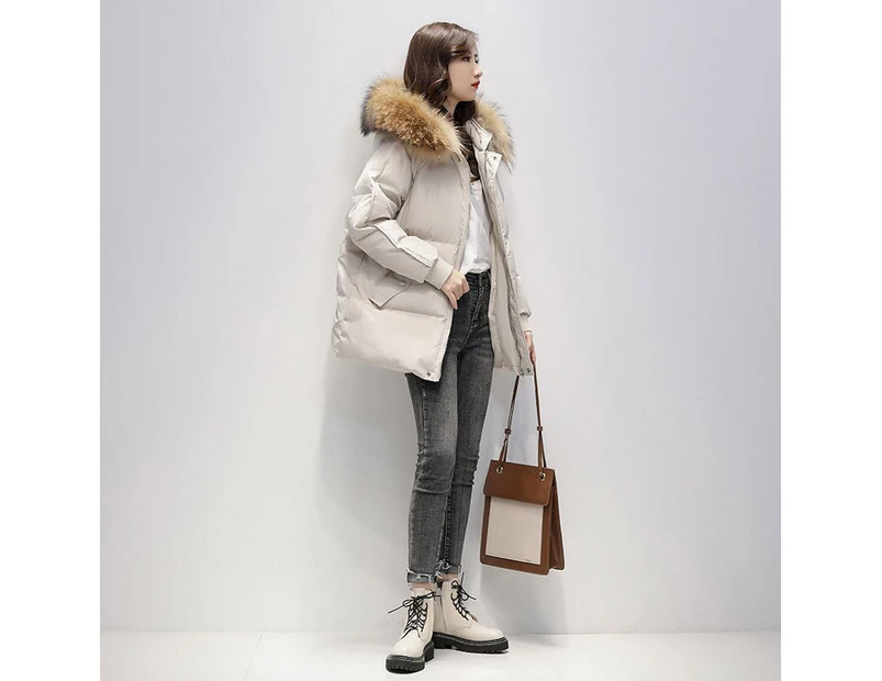 Hooded Fur Collar Loose Down Jacket Women Winter Korean Fashion Warm Thicken Padded Cotton Coat Female Loose Puffer Parkas Beige