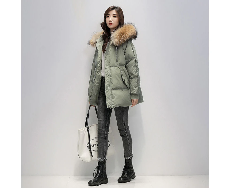 Hooded Fur Collar Loose Down Jacket Women Winter Korean Fashion Warm Thicken Padded Cotton Coat Female Loose Puffer Parkas Green