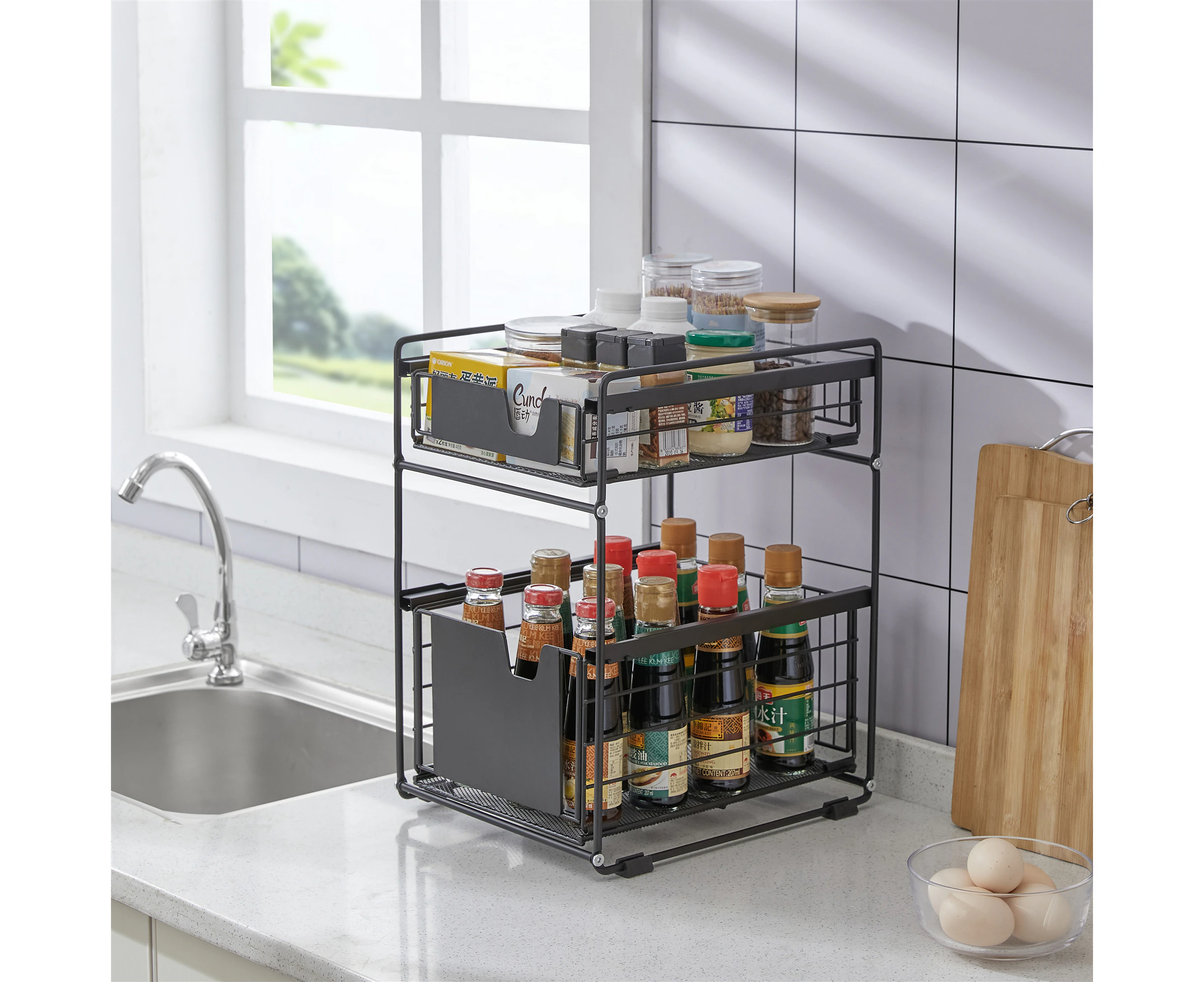 Kitchen Storage 2 Tier Sliding Drawer Rack Kitchen Organisation Spice Basket Storage Drawers Black