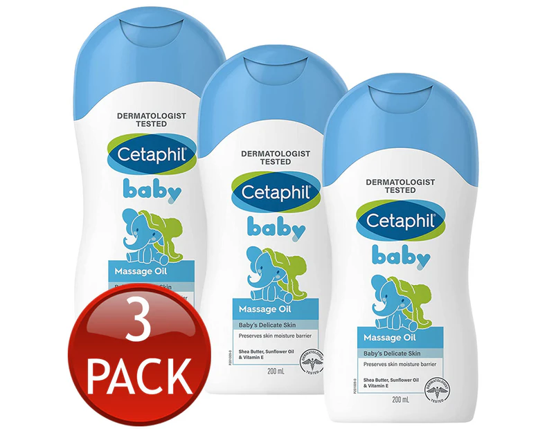 3 x Cetaphil Baby Face & Body Massage Oil 200mL Shea Butter Skin Hypoallergenic