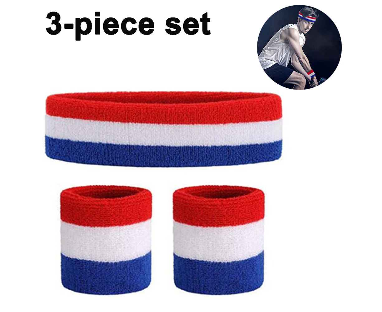 Sweatband Set Sports Headband Wristband Set Sweatbands Terry Cloth Wristband Wrist Sweatband Headbands Moisture Wicking Sweat Absorbing Head Band - Red white blue