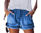 Women's Elastic High Waist Slim Denim Shorts - DEEP BLUE