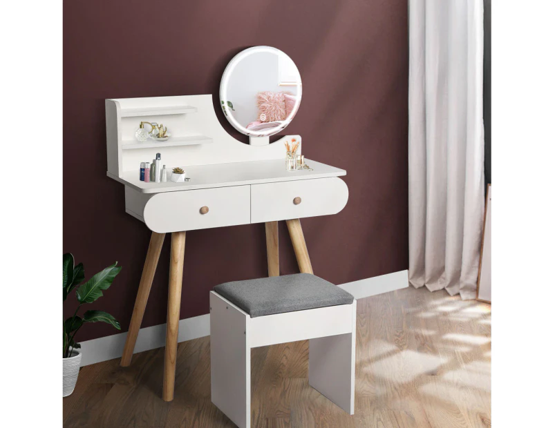 Levede Dressing Table Stool LED Mirror Jewellery Cabinet Makeup Storage 3 Colour - White