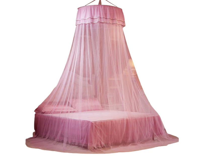 Mosquito Net Round Top Stimulation Butterfly Pin Polyester Fiber Decorative Bed Canopy for Student-Pink