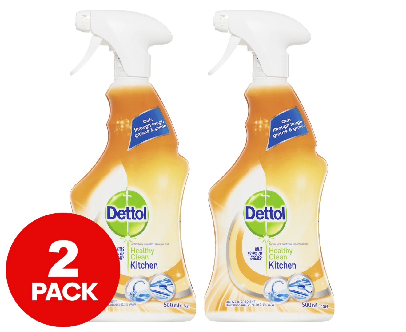 2 x 500mL Dettol Antibacterial Disinfectant Cleaning Kitchen Spray