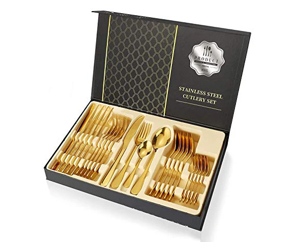 Gold Cutlery Silverware 24 Pieces Stainless Steel Flatware Kitchen Utensils Knife Fork Spoon Flatware Tableware Mirror Finish Smooth Edge 6 Sets