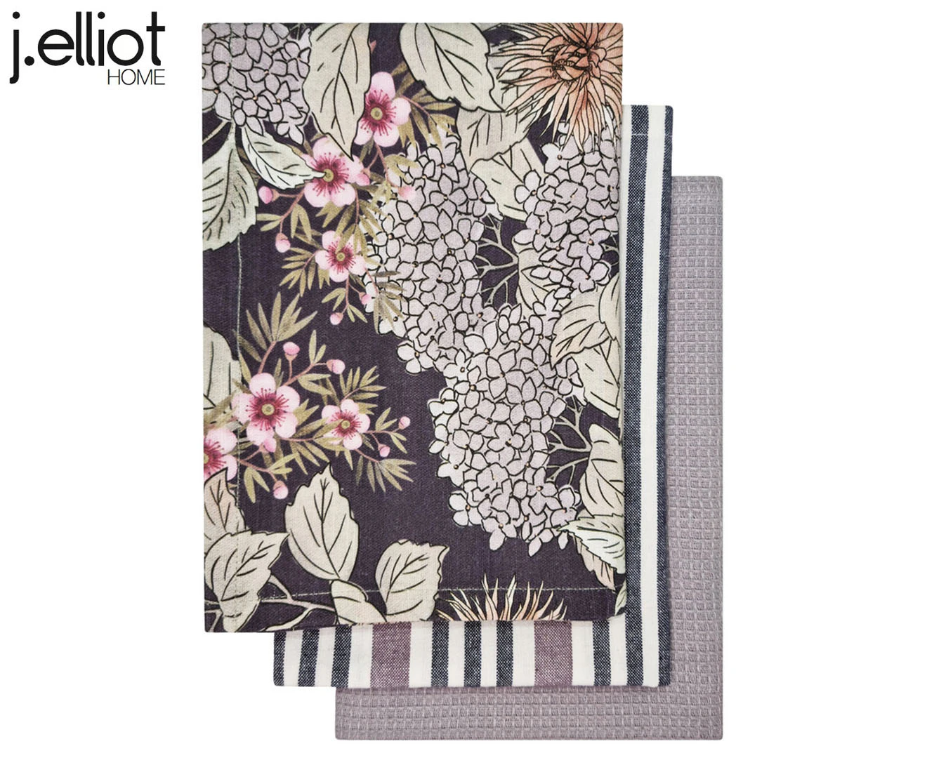 3PK J.Elliot Hydrangea 50x70cm Soft Tea Towel Kitchen Dish/Glass Cloth Dark Grey