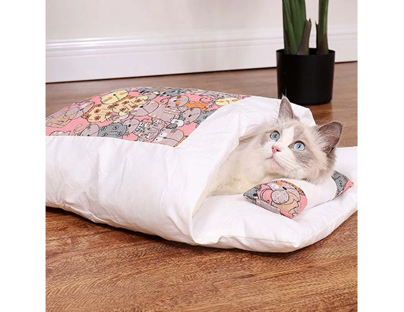 Closed Removable and Washable Cat Litter Sleeping Bag Winter Warm Dog Kennel, Size: M(Pink Cat)