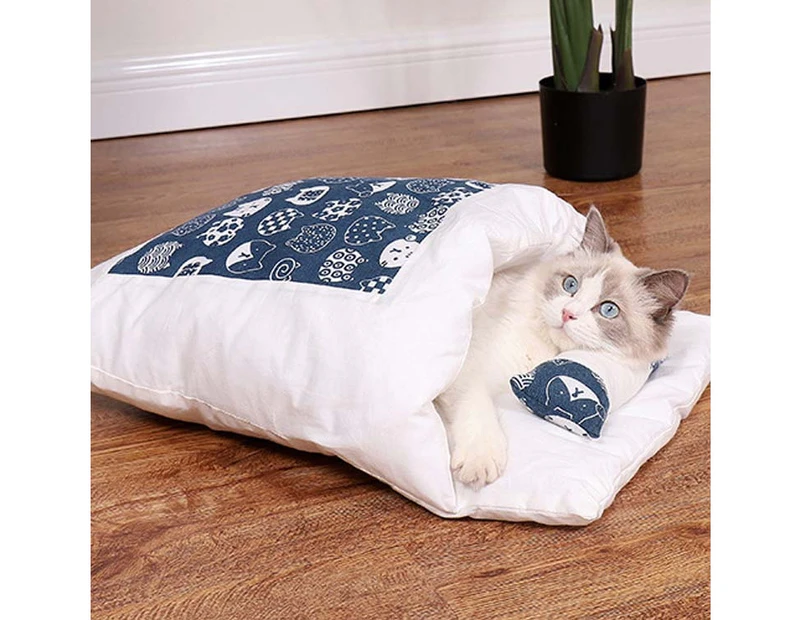 Closed Removable and Washable Cat Litter Sleeping Bag Winter Warm Dog Kennel, Size: L(Navy Blue Cat)