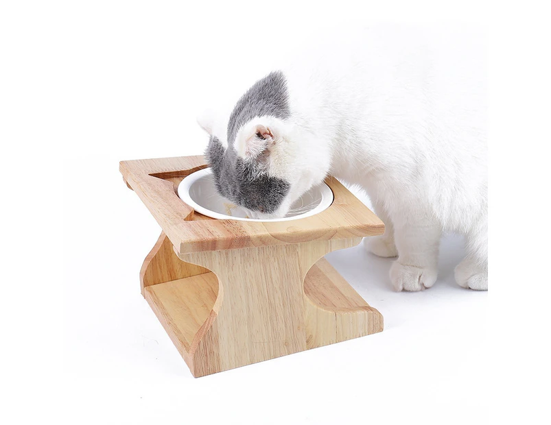Oak Cat Bowl Rack Inclined Anti-Choking Ceramic Cat Bowl(Single Bowl)