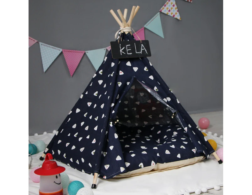 Pet Tent Removable And Washable Wooden Cat Kennel with Cushion, Specification: Medium 50×50×60cm(Navy Blue Eyes)