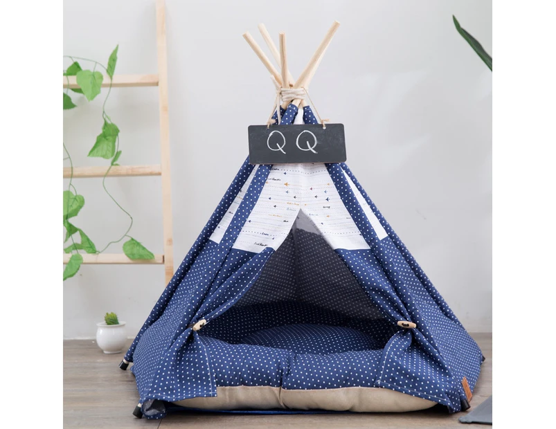 Cotton Canvas Pet Tent Cat and Dog Bed with Cushion, Specification: Medium 50×50×60cm(Navy Blue Dot)