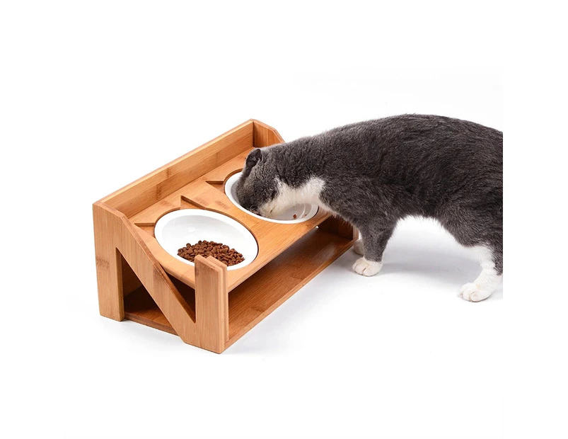 Bamboo Wood Lifting Cat Dining Table Adjustable Height Inclined Cat Bowl, Specification: N Bowl Porcelain Bowl
