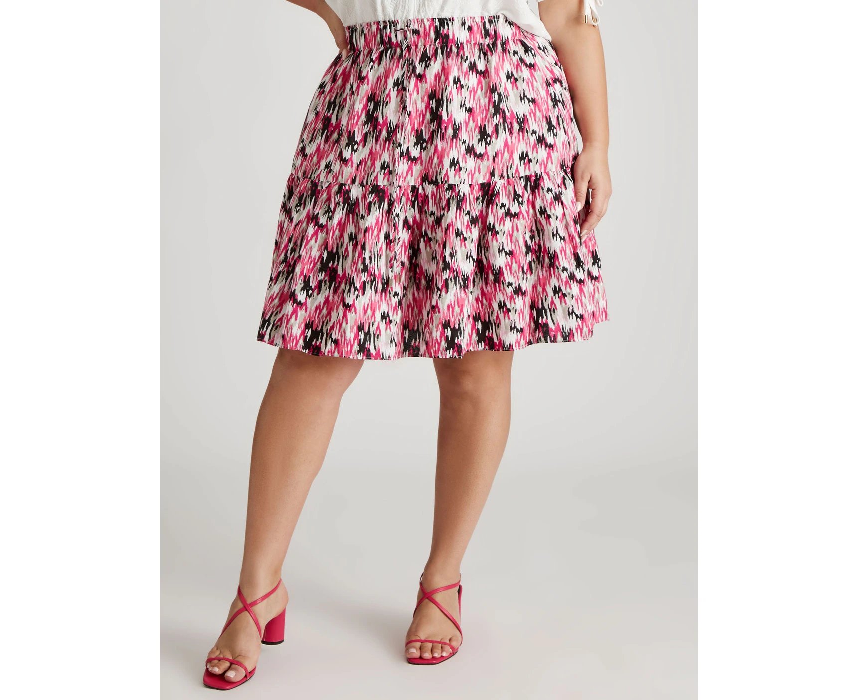 BeMe - Plus Size - Womens Skirts - Midi - Summer - Pink - A Line - Work Clothes - Woven - Thigh Tiered - Knee Length - Casual Fashion - Office Wear