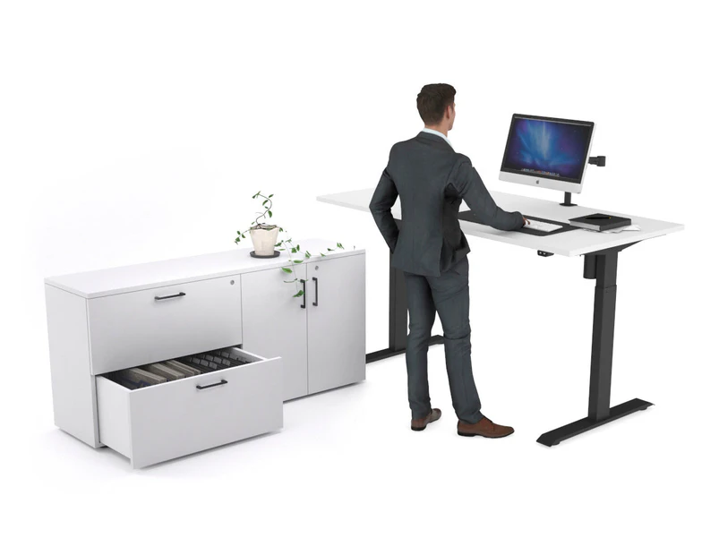 Just Right Height Adjustable Desk Executive Setting [1600L x 700W] - black frame, white, 2 drawer 2 door filing cabinet