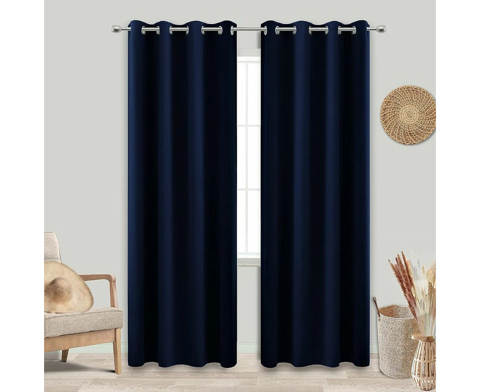 1 Pair Blockout Curtains Window Eyelet Draperies Thermal Insulated Blackout Curtain for Bedroom Living room Kitchen -Navy Blue