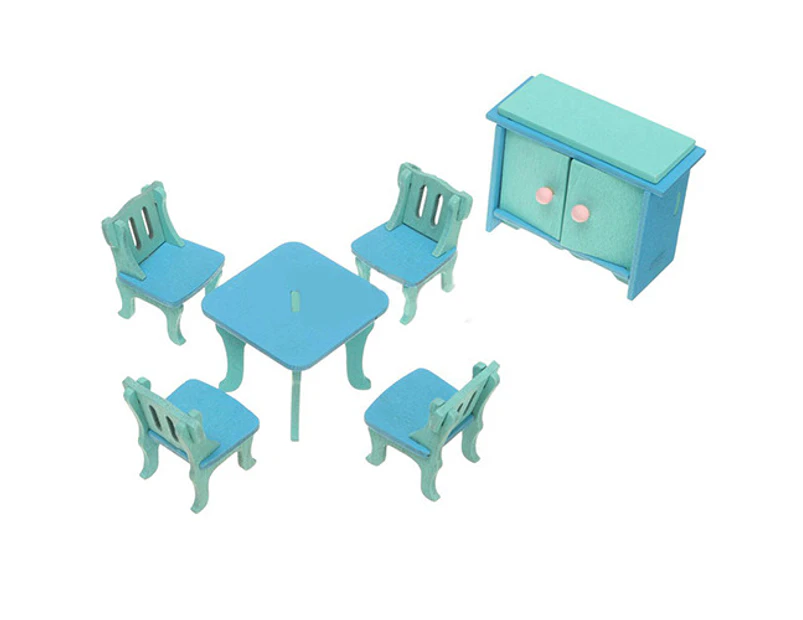 Wooden Miniature Doll House Furniture Room Set Toy Xmas Gift for Child Kids Blue Restaurant